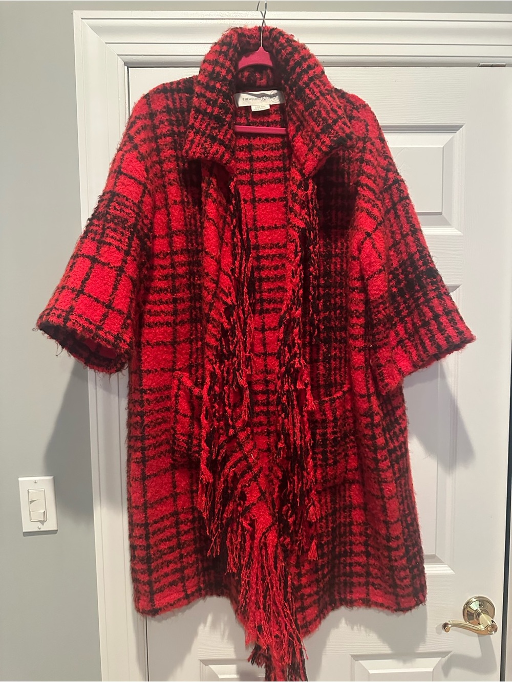 Treasure & Bond Red and Black Plaid Fringe Open-Front Cardigan